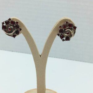 ⭐️5/$25 Vintage silver tone Royal Crest Screw Back Earrings Red Rhinestones Boho